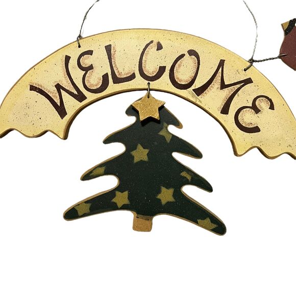 Welcome Christmas Seasonal Pine Tree Rustic Wood Wall Hanging Decor Festive - Picture 2 of 6